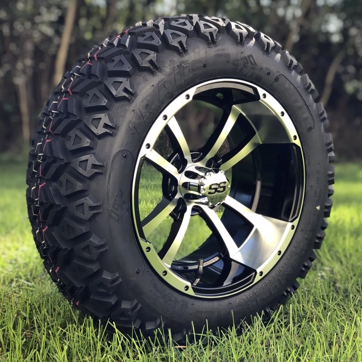 14" Storm Trooper Black/Machined Aluminum Golf Cart Wheels and 23x10-14 DOT All Terrain Off-Road Golf Cart Tires Combo - Set of 4 (Choose your tire!)
