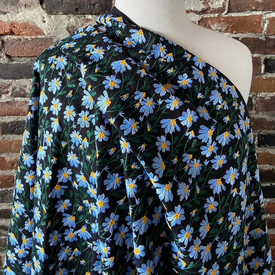 Embroidered Asters on Black Ramie Cotton Blend