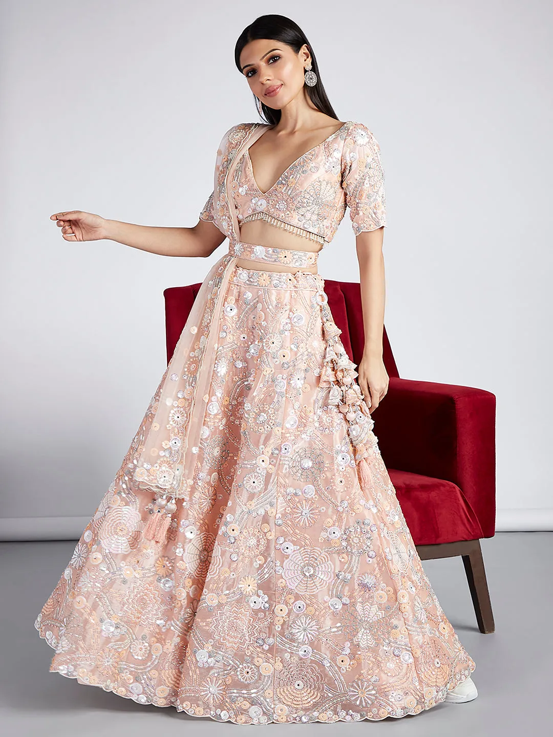 Peach Organza Lehenga Choli Set with Sequins, Zari & Thread Embroidery