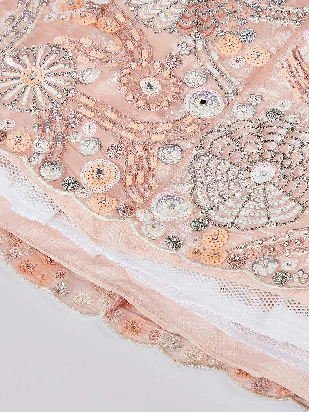 Peach Organza Lehenga Choli Set with Sequins, Zari & Thread Embroidery