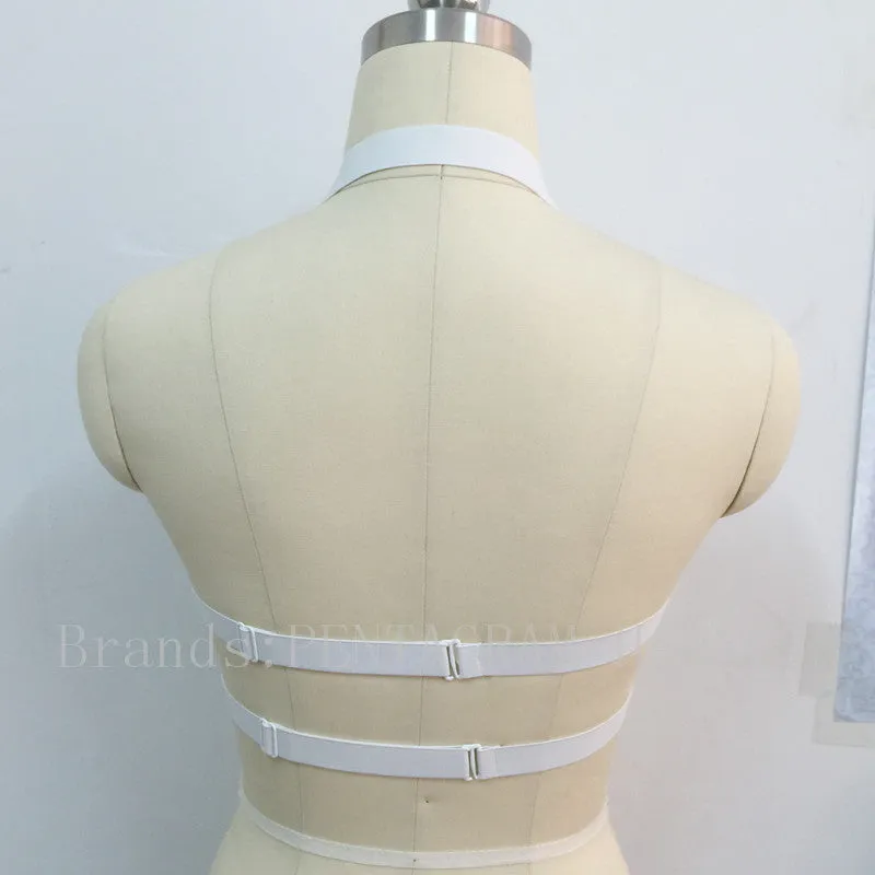Pentagram Bralette Bondage Cage Harness Crop Top Lingerie White Elastic Garter Belts Gothic.