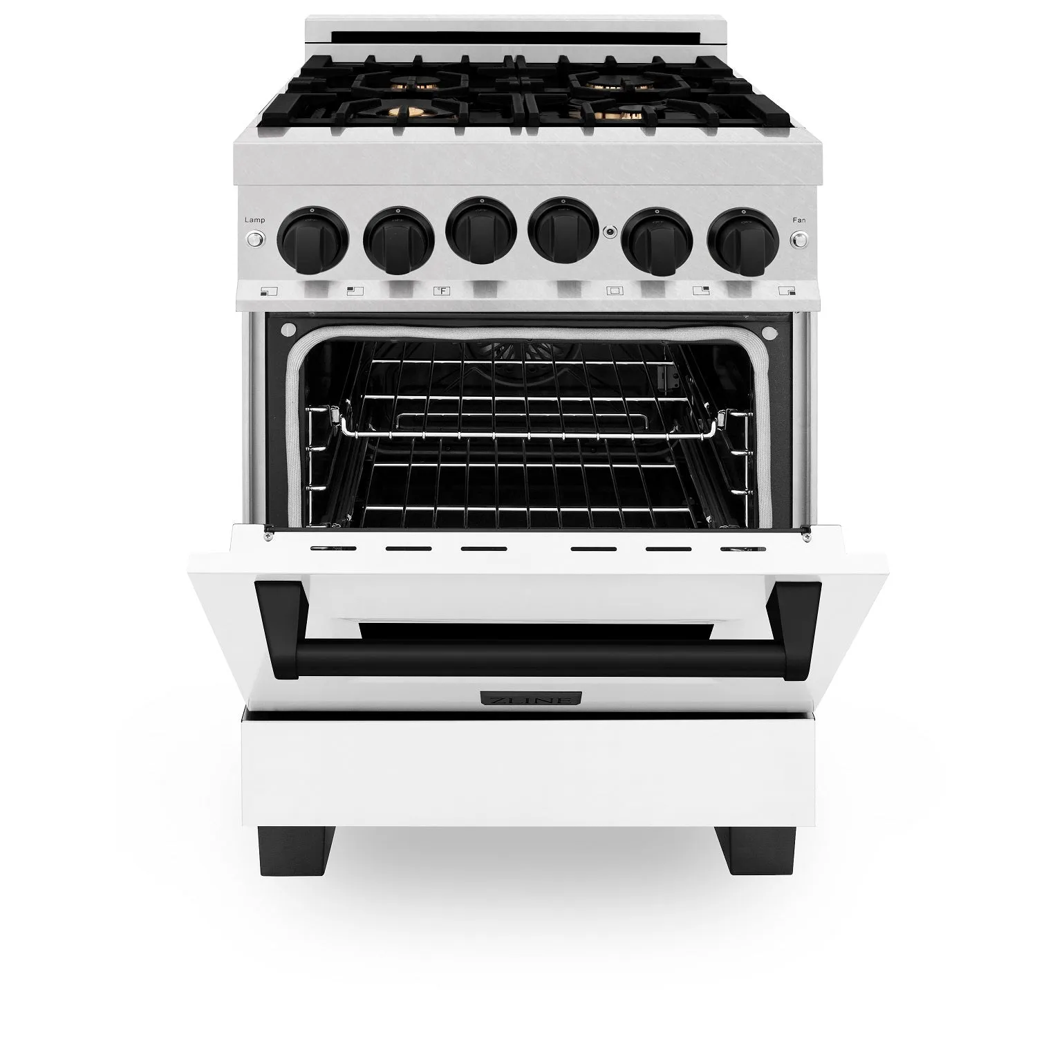 ZLINE Autograph Edition 24" 2.8 cu. ft. Range with Gas Stove and Gas Oven in DuraSnow® Stainless Steel with White Matte Door and Matte Black Accents (RGSZ-WM-24-MB)
